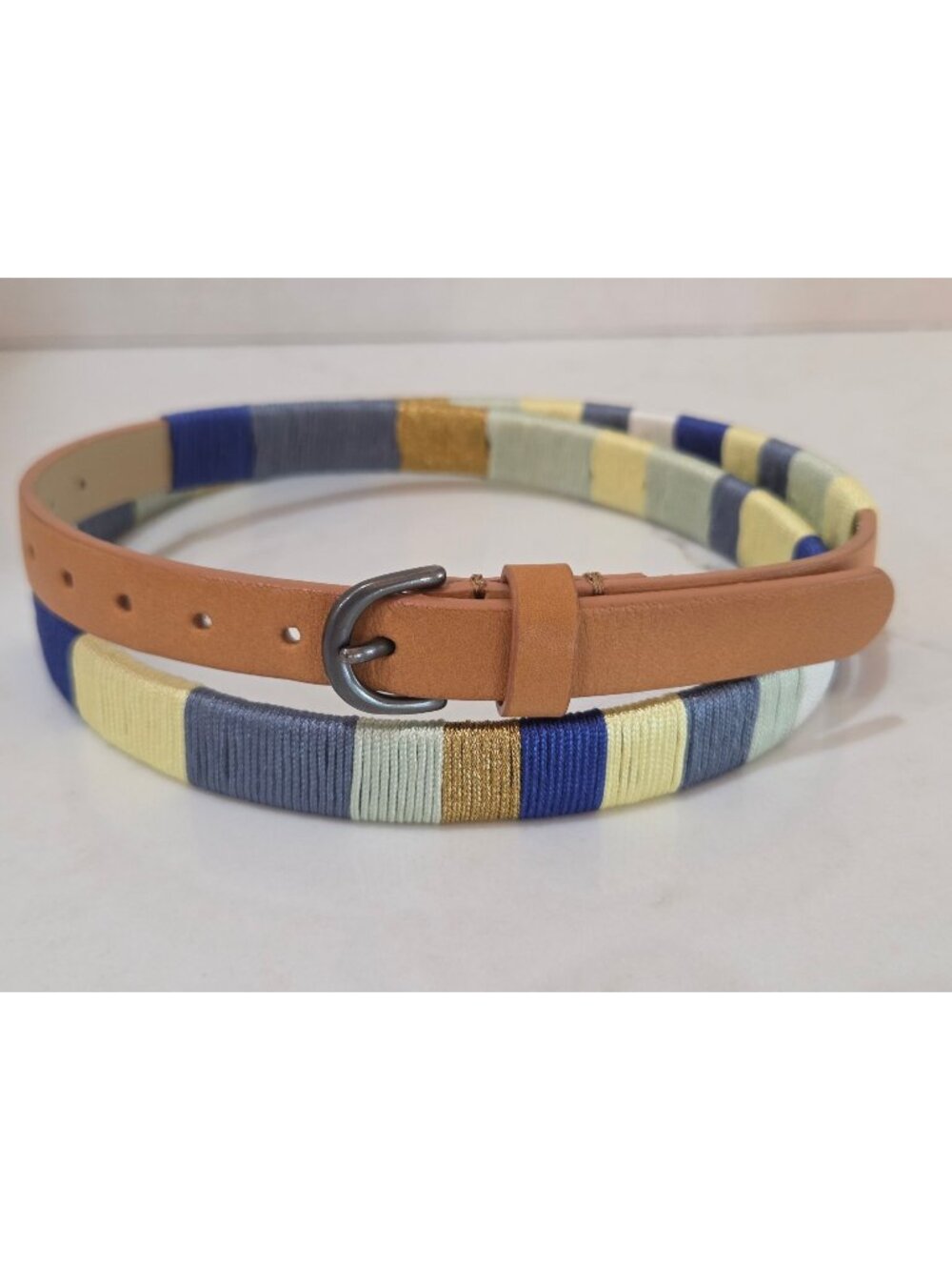 J. Crew Amina Leather Belt Sz Small Multicolor Wrapped Thread Design Blue Yellow
